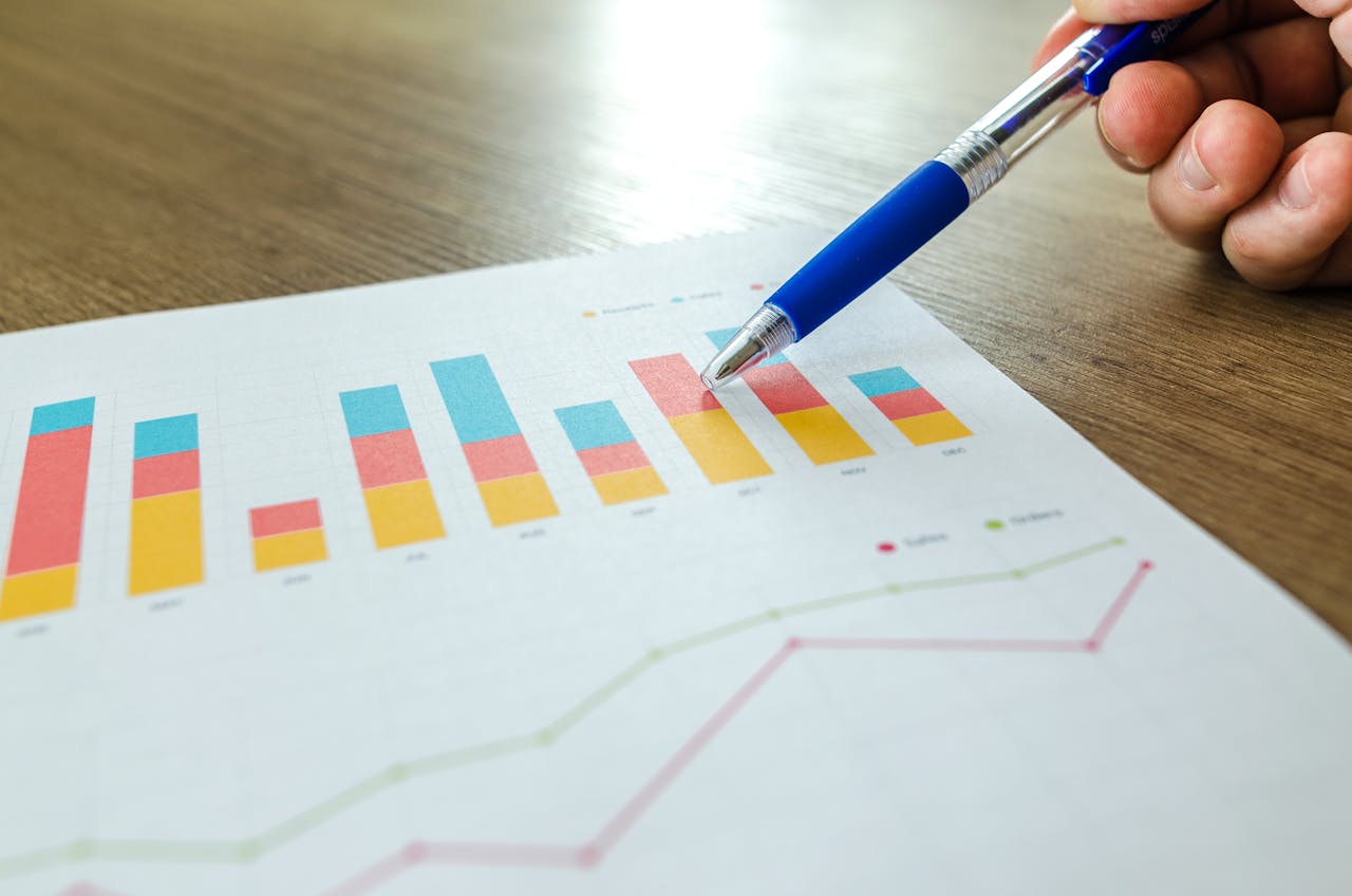 Home Detailed close-up of a hand pointing at colorful charts with a blue pen on wooden surface.